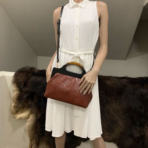 Handmade Genuine Ostrich Textured Cowhide, Wooden Frame Top Handle Satchel - Picture 10 of 14